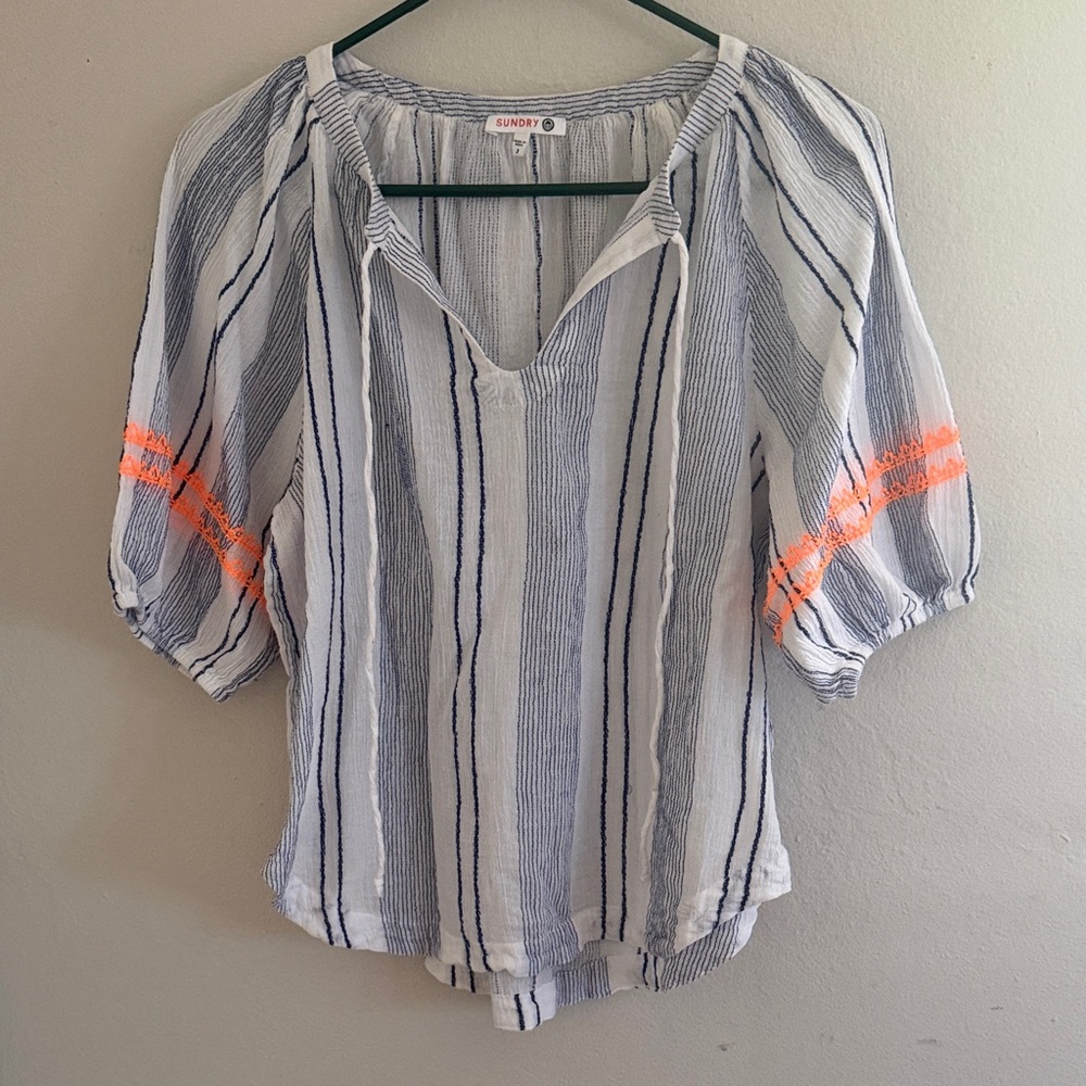 Sundry White and Navy Striped Peasant Blouse with Neon Orange Sleeve Detail